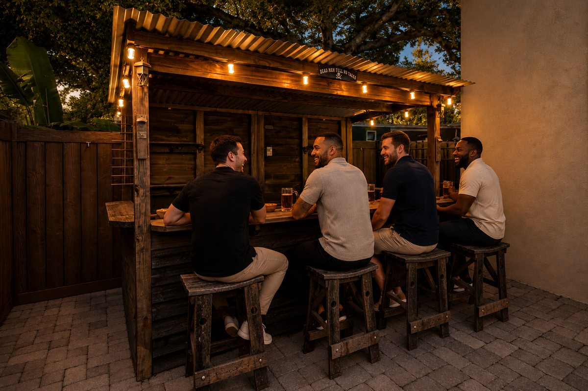 Four men sitting at a wooden outdoor bar with string lights above.