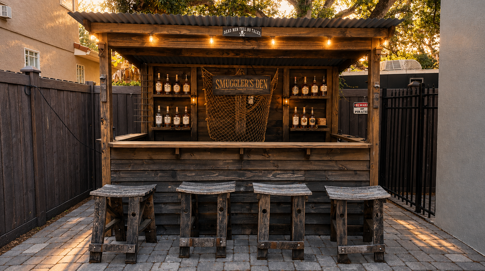 Wooden outdoor bar with stools in a backyard setting
