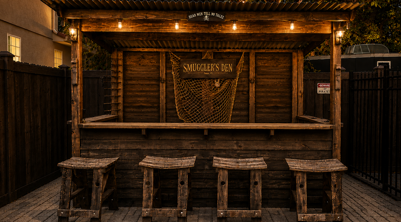 Wooden outdoor bar with stools at night
