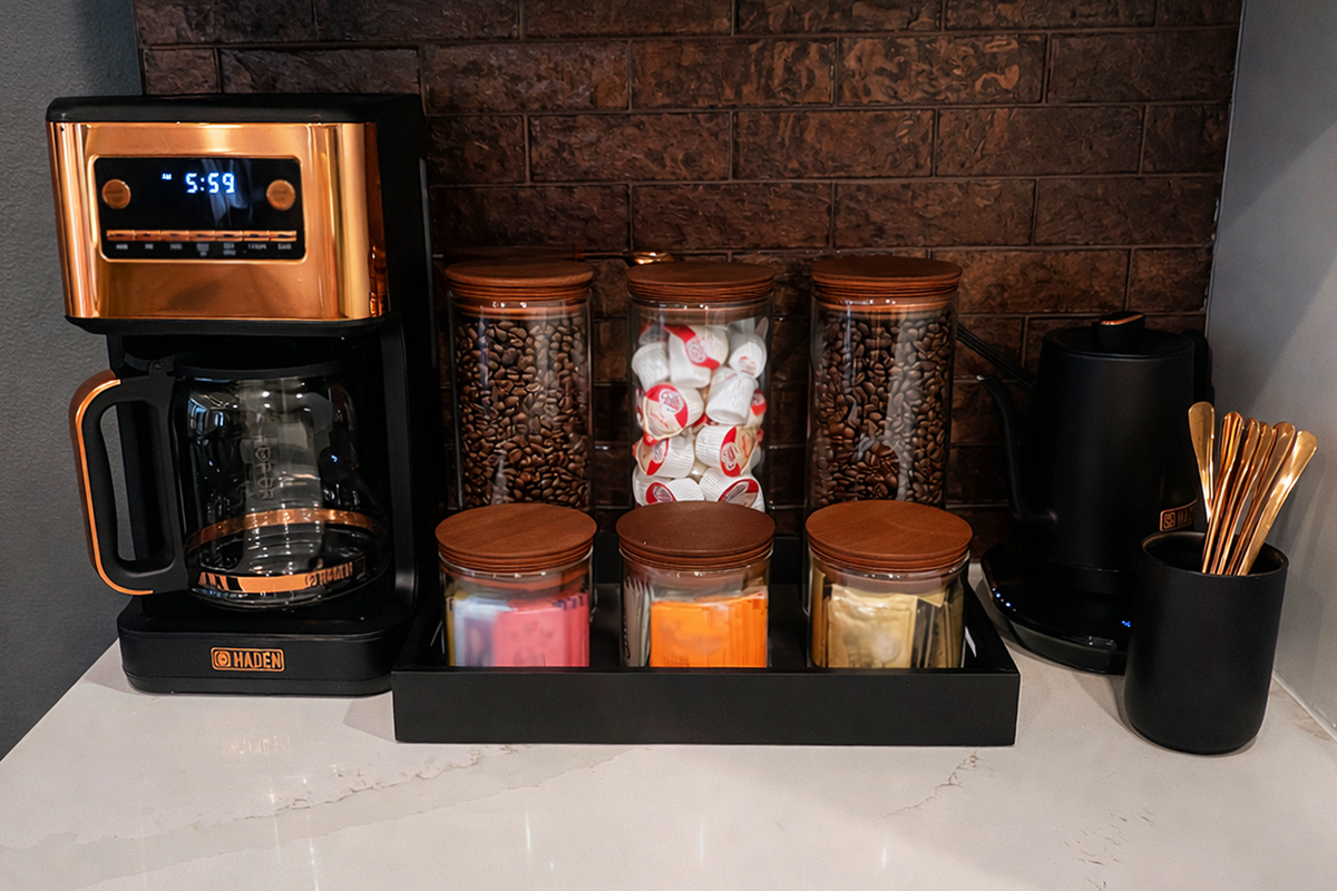 Fully stocked coffee and tea bar in the kitchen at Gaspar’s Luxury Estate in South Tampa.