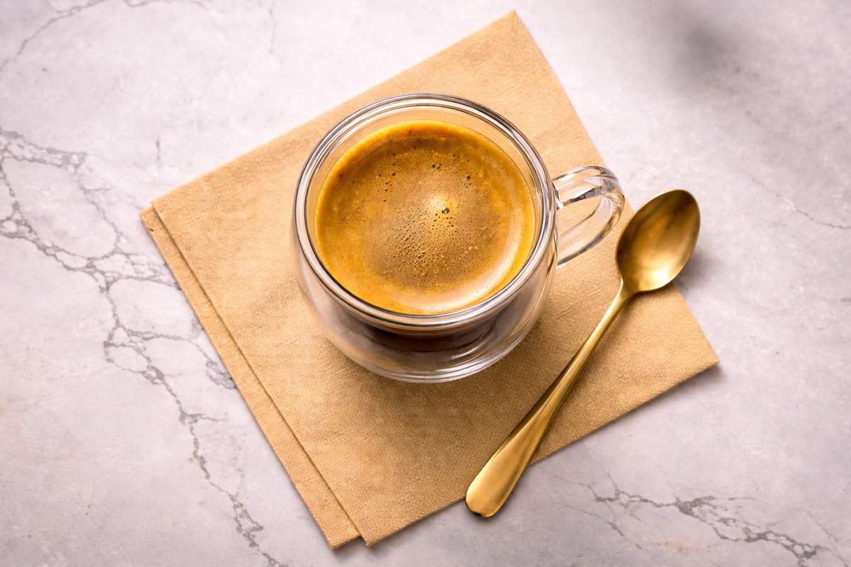 Double-walled espresso cup with gold spoon at the espresso bar in Gaspar’s Luxury Estate in South Tampa.
