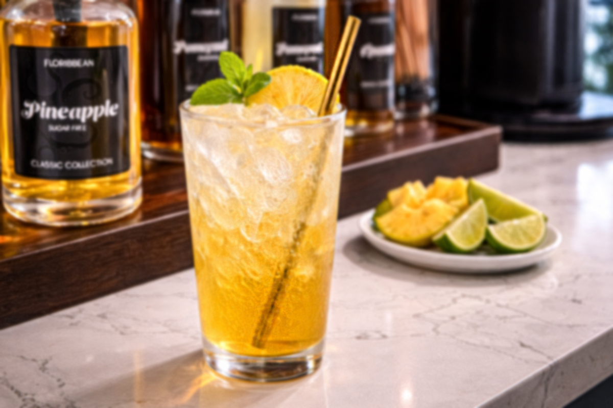 Pineapple orange soda with a gold metal straw at the soda bar in Gaspar’s Luxury Estate in South Tampa