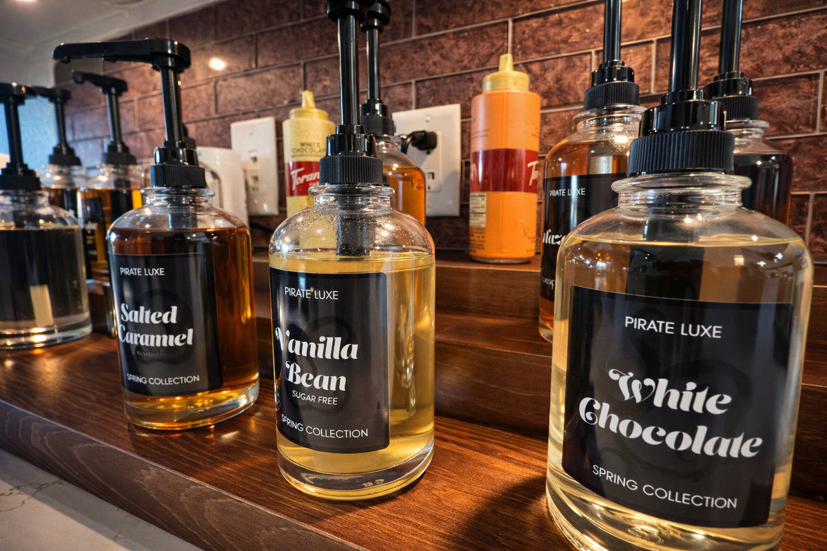 Pirate Luxe flavored syrups at the espresso bar in Gaspar’s Luxury Estate in South Tampa.