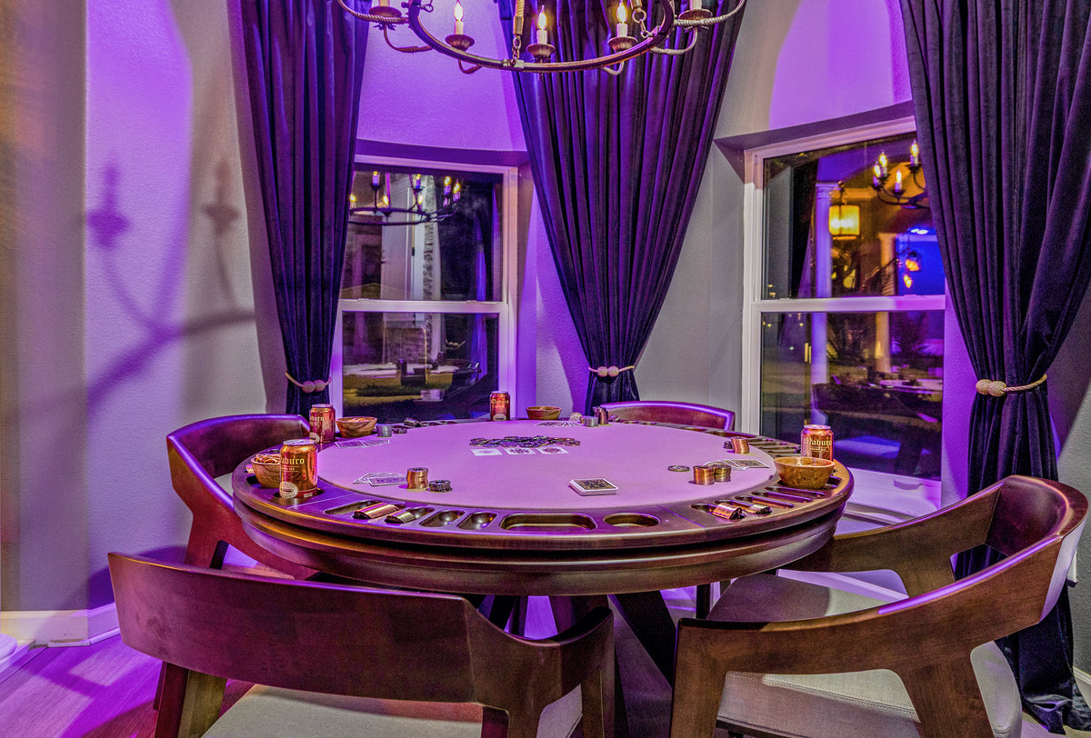 Private poker room at Gaspar’s Luxury Estate in South Tampa featuring customizable LIFX smart lighting.