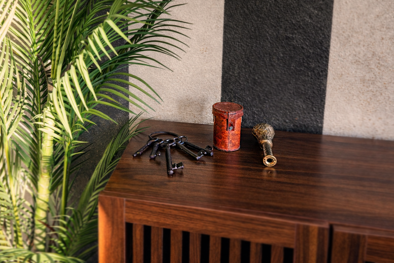 Antique spyglass and skeleton keys decor in the Calypso Suite at Gaspar's Luxury Estate, Tampa.